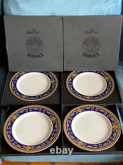 Versace Medusa Blue and Gold Rosenthal Dinner Plates, Set of 4 EUC 10 1/2in