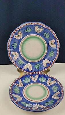 Vietri Italy Campagna Chicken Dinner & Salad Plate set Chickens On Blue Border