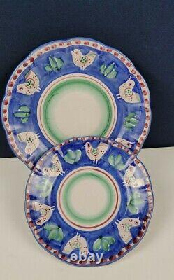 Vietri Italy Campagna Chicken Dinner & Salad Plate set Chickens On Blue Border