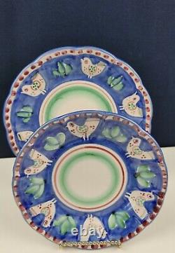 Vietri Italy Campagna Chicken Dinner & Salad Plate set Chickens On Blue Border