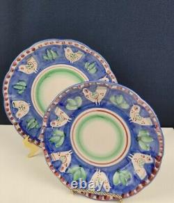 Vietri Italy Campagna Chicken Dinner & Salad Plate set Chickens On Blue Border