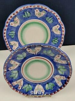 Vietri Italy Campagna Chicken Dinner & Salad Plate set Chickens On Blue Border