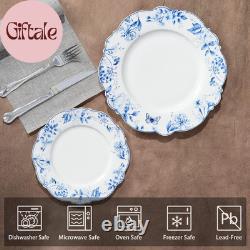 Vintage 11 Inch Porcelain Dinner Plates Set of 4, Blue Floral Ceramic Serving Pl