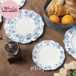 Vintage 11 Inch Porcelain Dinner Plates Set of 4, Blue Floral Ceramic Serving Pl