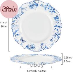 Vintage 11 Inch Porcelain Dinner Plates Set of 4, Blue Floral Ceramic Serving Pl