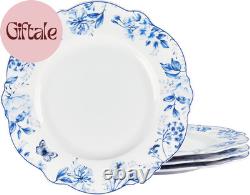 Vintage 11 Inch Porcelain Dinner Plates Set of 4, Blue Floral Ceramic Serving Pl