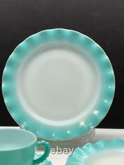 Vintage 9 Piece Hazel Atlas CRINOLINE RIPPLE BLUE 3 Dinner Plates 3 Cups Saucers