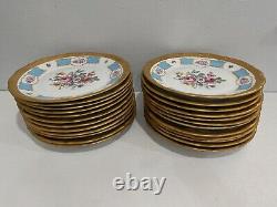 Vintage Antique Bavarian Porcelain Set of 24 Plates Blue Gold Floral Decoration