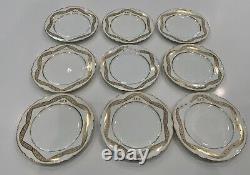 Vintage Antique Set Of 9 Monogrammed White Gold Blue Porcelain Plates 9-1/4