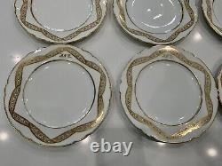 Vintage Antique Set Of 9 Monogrammed White Gold Blue Porcelain Plates 9-1/4