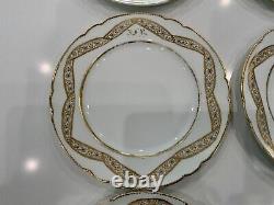 Vintage Antique Set Of 9 Monogrammed White Gold Blue Porcelain Plates 9-1/4