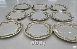 Vintage Antique Set Of 9 Monogrammed White Gold Blue Porcelain Plates 9-1/4