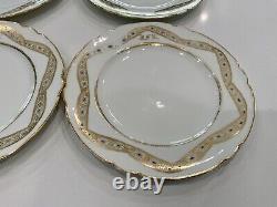 Vintage Antique Set Of 9 Monogrammed White Gold Blue Porcelain Plates 9-1/4