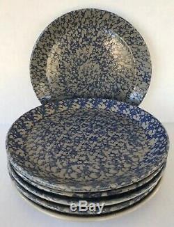 Vintage Beaumont Brothers Pottery Spongeware Dinner Plates Set Of 6 Blue Grey