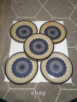 Vintage Celebrity Blue Medallion Plate Set Of 5 1970s Stoneware Cobalt