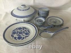 Vintage Chinese Blue & White Porcelain Dinner Bowl & Plate Set For 5(24pieces)