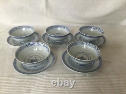 Vintage Chinese Blue & White Porcelain Dinner Bowl & Plate Set For 5(24pieces)