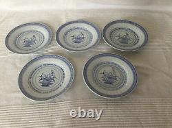 Vintage Chinese Blue & White Porcelain Dinner Bowl & Plate Set For 5(24pieces)