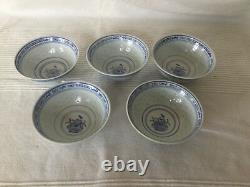 Vintage Chinese Blue & White Porcelain Dinner Bowl & Plate Set For 5(24pieces)