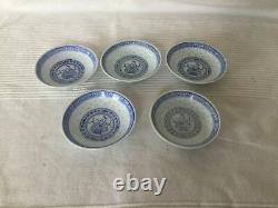 Vintage Chinese Blue & White Porcelain Dinner Bowl & Plate Set For 5(24pieces)