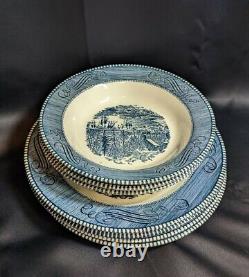 Vintage Currier & Ives Blue Dinnerware Early Winter And Old Grist Mill Set of 7