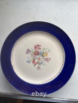 Vintage Dinner Plates French Saxon Cobalt And Gold Floral USA Set Of 7