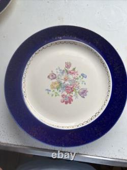 Vintage Dinner Plates French Saxon Cobalt And Gold Floral USA Set Of 7