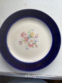 Vintage Dinner Plates French Saxon Cobalt And Gold Floral USA Set Of 7