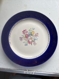 Vintage Dinner Plates French Saxon Cobalt And Gold Floral USA Set Of 7