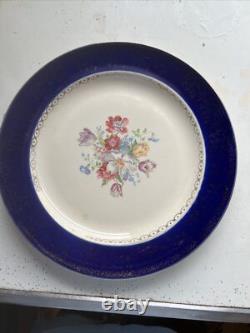 Vintage Dinner Plates French Saxon Cobalt And Gold Floral USA Set Of 7