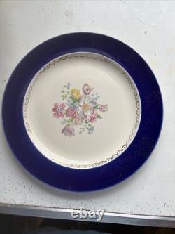 Vintage Dinner Plates French Saxon Cobalt And Gold Floral USA Set Of 7