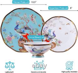 Vintage Floral Bone China Dinnerware Set for 4 Light Blue 12 Piece Set