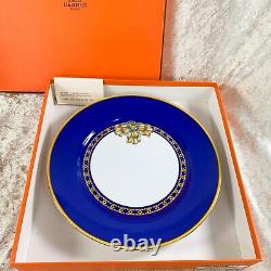 Vintage HERMES Dinner Plate Cocarde De Soie Blue Porcelain with Case