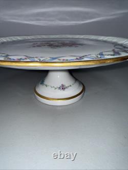 Vintage Limoges France 12 Blue & Gilt Rimmed Flowers Floral Cake Pedestal Stand