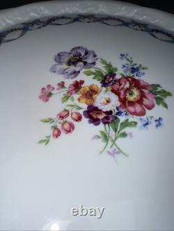 Vintage Limoges France 12 Blue & Gilt Rimmed Flowers Floral Cake Pedestal Stand