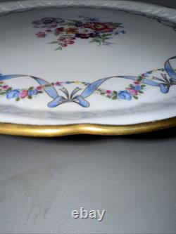 Vintage Limoges France 12 Blue & Gilt Rimmed Flowers Floral Cake Pedestal Stand