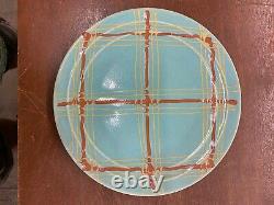 Vintage Pacific Pottery Dinner Plate #613 Blue with Orange Yellow Plaid Pattern CA