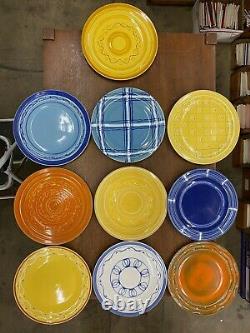 Vintage Pacific Pottery Dinner Plate #613 Blue with Orange Yellow Plaid Pattern CA
