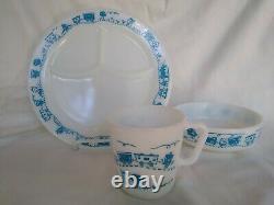 Vintage Rare 3-Pc. Pyrex Children's Dinner Set Blue Train Divided Plate/Cup/Bowl