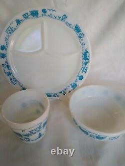 Vintage Rare 3-Pc. Pyrex Children's Dinner Set Blue Train Divided Plate/Cup/Bowl