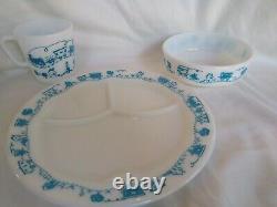 Vintage Rare 3-Pc. Pyrex Children's Dinner Set Blue Train Divided Plate/Cup/Bowl