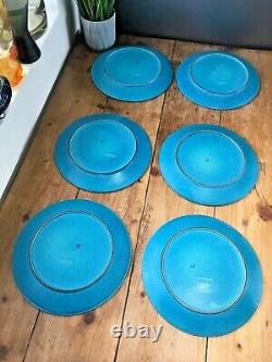 Vintage Set Of 6 Cermano Sapphire Blue Diamond West German Pottery Dinner Plates