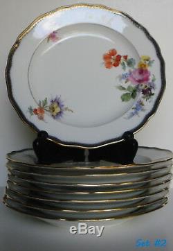 Vintage Set of 8 Meissen Porcelain Dinner Plates Cobalt Trim Floral Motif