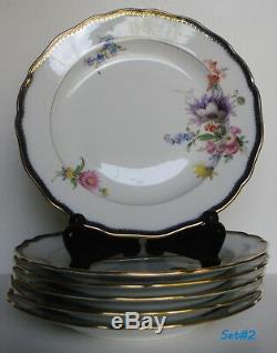 Vintage Set of 8 Meissen Porcelain Dinner Plates Cobalt Trim Floral Motif