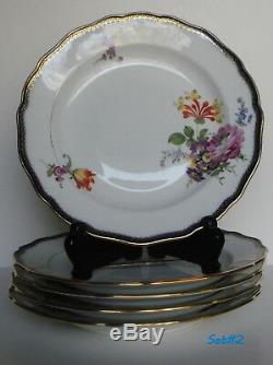 Vintage Set of 8 Meissen Porcelain Dinner Plates Cobalt Trim Floral Motif