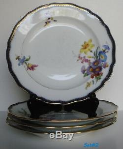 Vintage Set of 8 Meissen Porcelain Dinner Plates Cobalt Trim Floral Motif