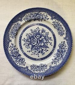 Vintage Wood & Sons Set Of 8 Dinner Plates Kew Blue England Floral Rose Lattice