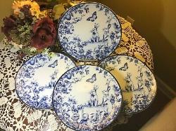 WILLIAMS SONOMA (4) Blue Country Bunnies 11 Dinner Plates New
