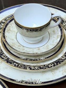 Wedgwood Cornucopia China Dinnerware Service for 4 Cobalt Blue Tan Gold England