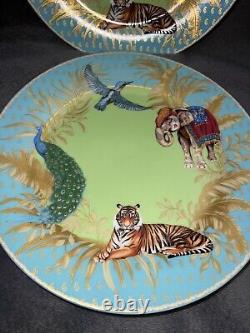 Williams Sonoma Raj Thai Blue Green Dinner Plates Set Of 4 Tiger Elephant RARE